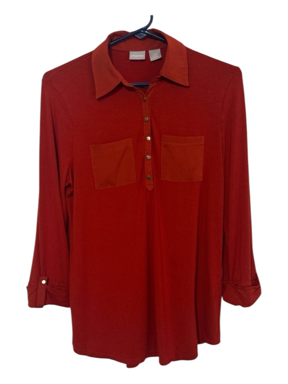 Chico's Deep Red Terracotta Roll-Tab Sleeve Henley Blouse with Chest Pockets